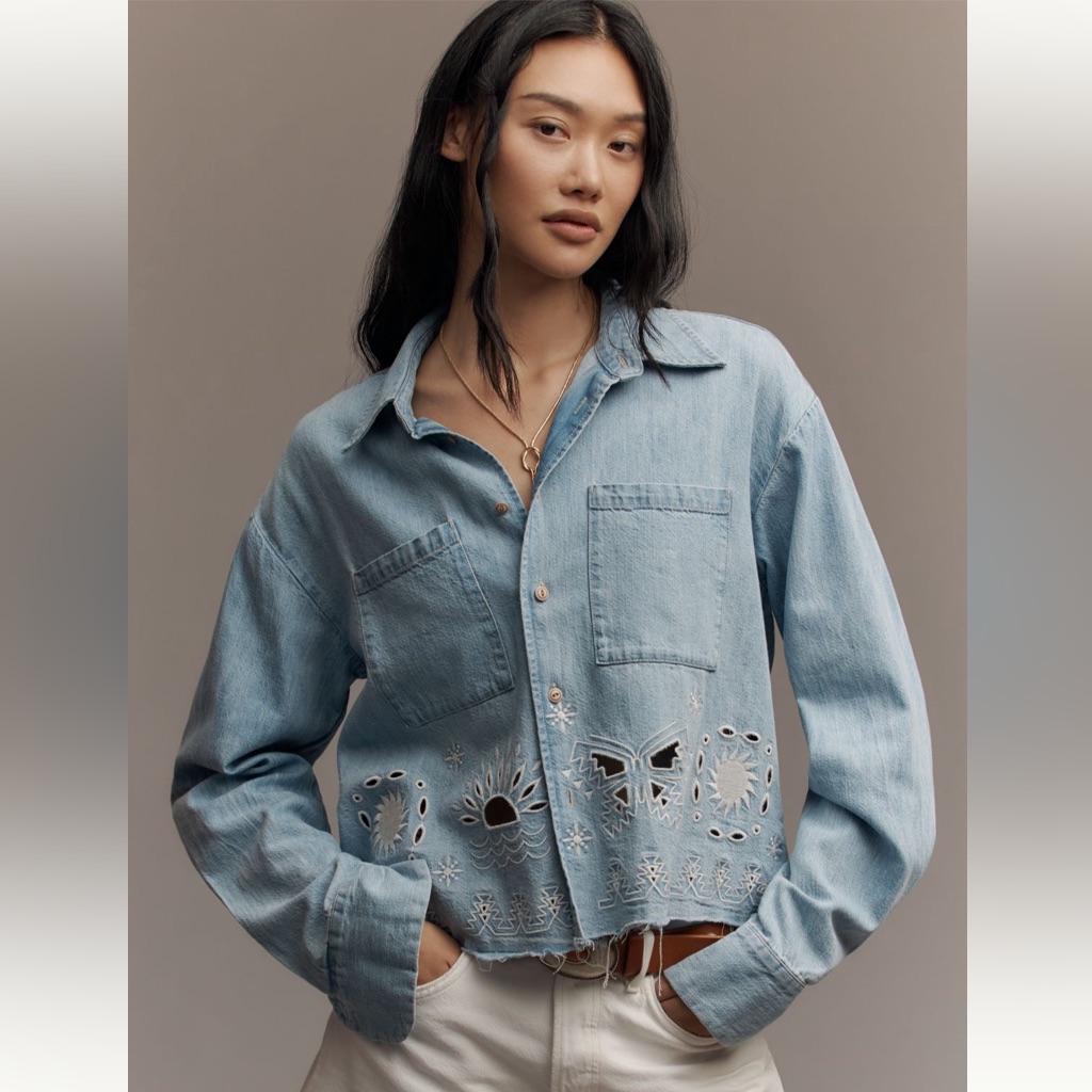 Mother The Roomie Double Frenchie Embroidered Denim Button-Up Shirt